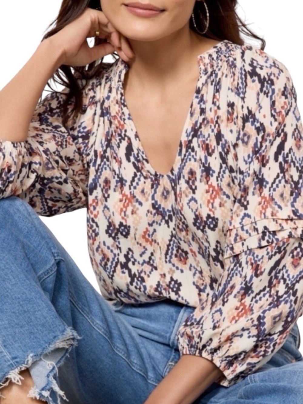 EVEREVE Layla Printed Peasant Blouse in Cream Multi Size Small -- BOHO VIBES!!!